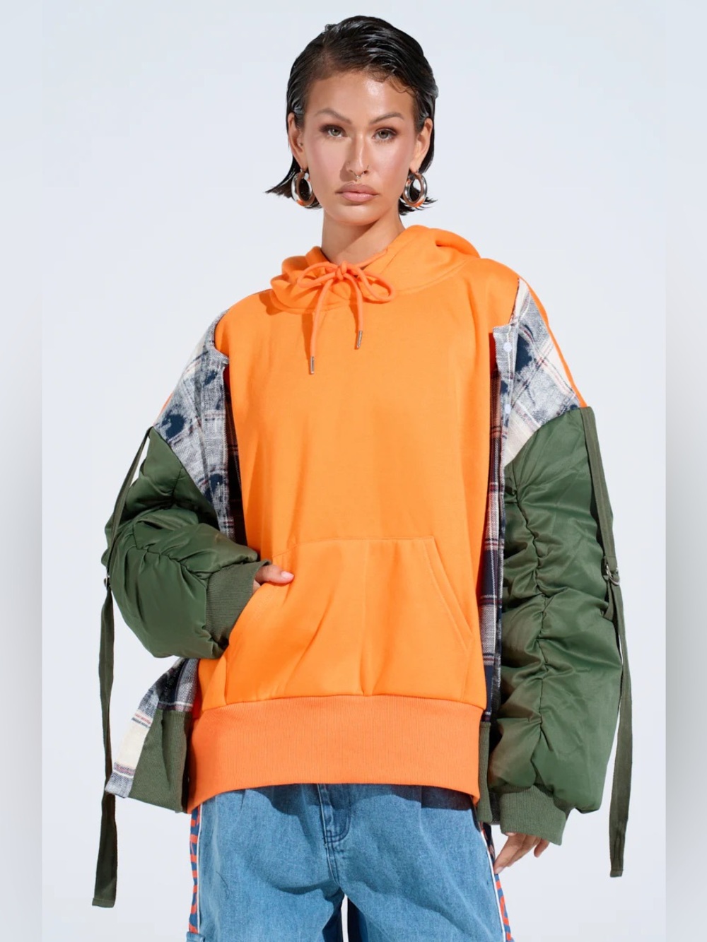 Orange Hooded Pullover Sweatshirt with Green Sleeve Detail